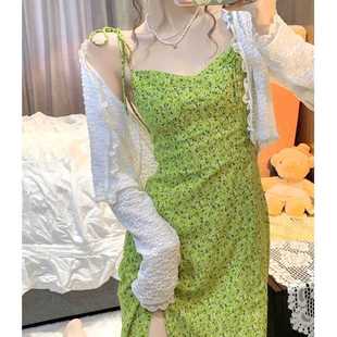 雪纺碎花裙吊带裙显瘦修身 连衣裙女夏季 套装 绿色吊带裙子蕾丝开衫