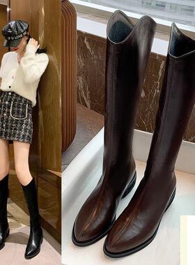 清仓长筒西部牛仔靴2025款尖头高筒靴白色骑士法式长靴春秋单靴子