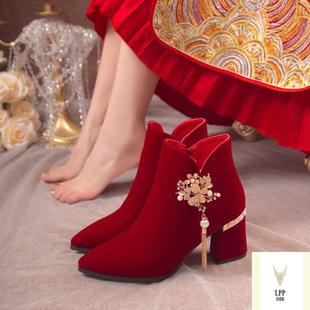 婚纱两穿新娘鞋 加绒短靴2025年红色结婚靴子秀禾鞋 女冬季 清仓婚鞋