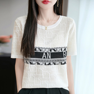 通勤风圆领短袖针织衫女宽松薄款字母印花白色莱赛尔上衣春夏新款