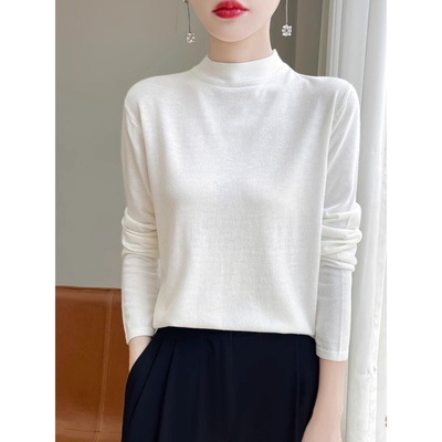 超细精纺丝光羊毛半高领平面打底衫女秋季薄款软糯长袖针织衫内搭