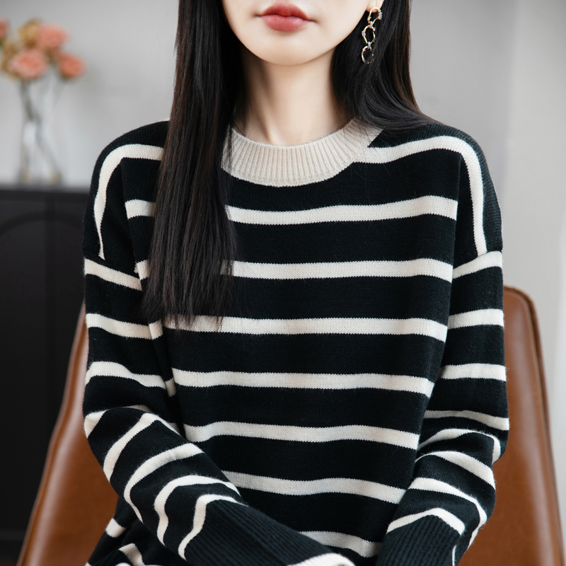 圆领条纹加厚毛衣女宽松休闲开叉
