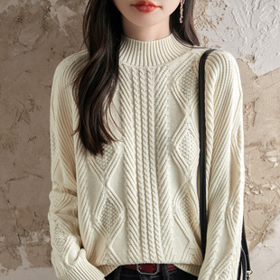 七针加厚双股针织纯棉线扭花毛衣女2025秋冬新款时尚半高领打底衫