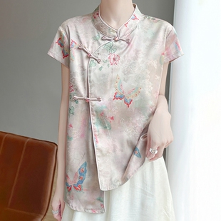 女显瘦气质通勤仿真丝上衣 印花衬衫 新中式 风立领盘扣醋酸缎面短袖