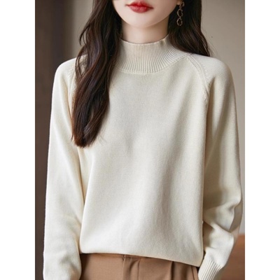 不起球纯棉线半高领打底衫女上衣冬季宽松内搭针织衫新款加厚毛衣