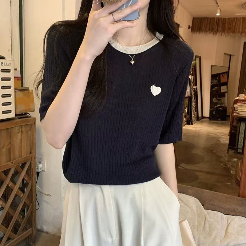 撞色爱心刺绣冰丝针织短袖上衣女春夏季新款设计感圆领套头衫