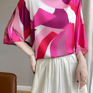 丝绸缎面2026春季女装新款圆领短袖气质印花大妈短袖百搭T恤上衣