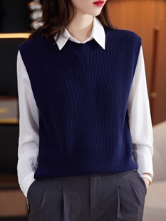 100%纯棉线圆领针织马夹背心女秋季开叉毛衣坎肩全棉百搭外穿马甲