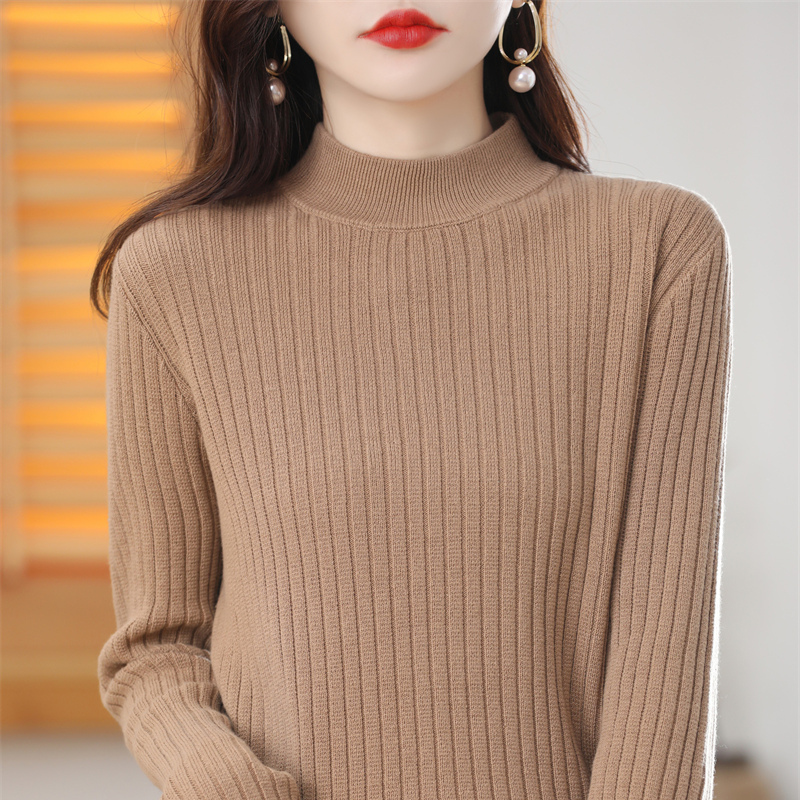 100%纯棉线半高领针织打底衫女秋冬长袖套头宽松毛衣慵懒纯色上衣