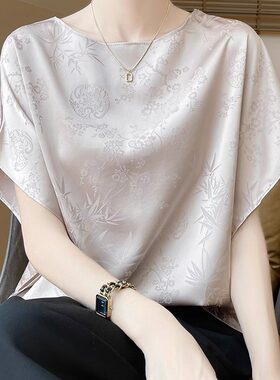 醋酸缎面浮雕提花蝙蝠袖上衣女