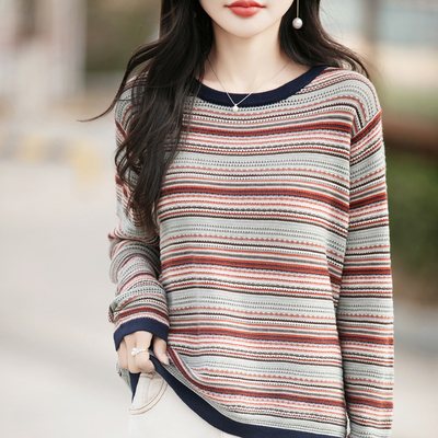 春季复古条纹纯棉圆领针织衫女