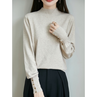 2025冬季新款超细丝光羊毛打底衫女半高领薄款毛衣钉珠针织上衣