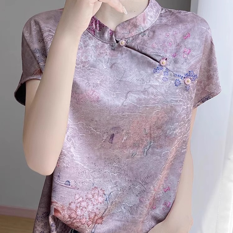 专柜品质~新中式国风盘扣真丝衬衫女夏季新款复古印花小飞袖上衣