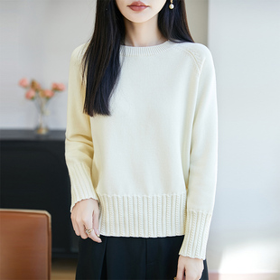 慵懒风宽松圆领纯棉线针织衫女秋冬季套头长袖温柔风毛衣初秋穿搭