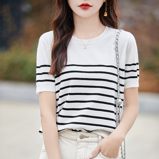 减龄黑白条纹短袖针织t恤女春夏新款薄款显瘦气质百搭海魂衫上衣