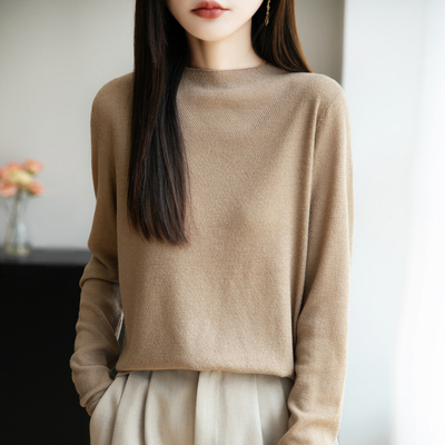 超细精纺丝光羊毛衫女25秋季半高领针织打底衫女时尚薄款毛衣内搭