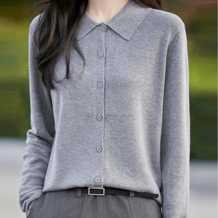 春季精纺羊毛衫女POLO领开衫薄款外搭新款针织衫百搭气质方领上衣