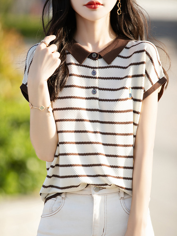 高档条纹刺绣女士短袖T恤2025夏新款莱赛尔小翻领撞色时尚针织衫