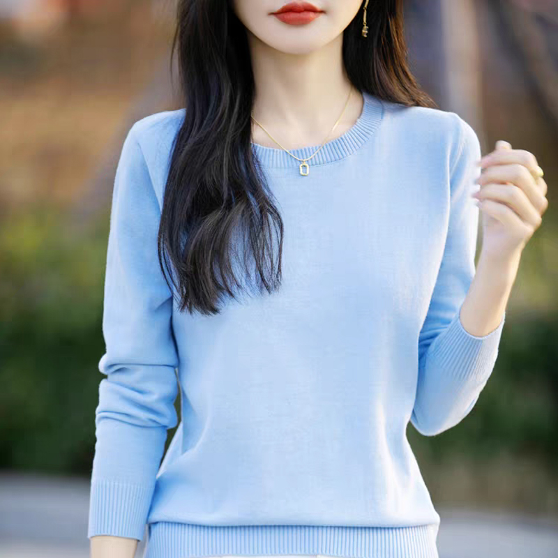 不起球2025秋季新款纯棉线针织圆领女毛衣宽松长袖打底衫全棉薄款