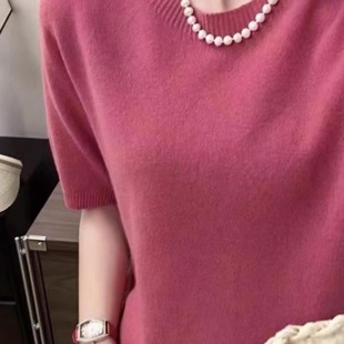羊毛针织短袖 新款 薄款 t恤女秋季 上衣外穿 圆领宽松短款 羊绒半袖