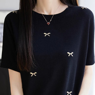 春季精纺羊毛针织衫短袖女圆领立体刺绣T恤半袖宽松休闲百搭上衣