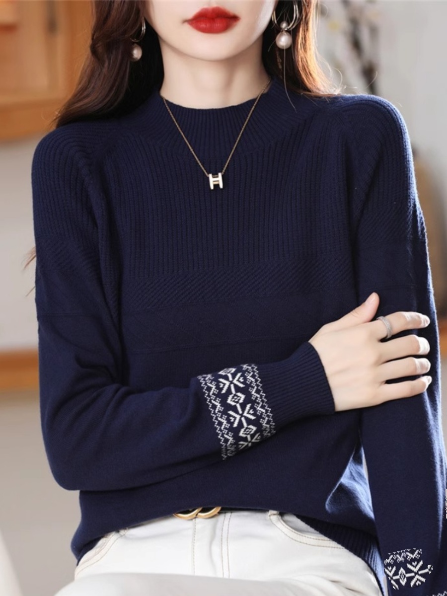 100%纯棉针织衫半高圆领藏青毛衣打底衫秋季新款宽松长袖通勤上衣