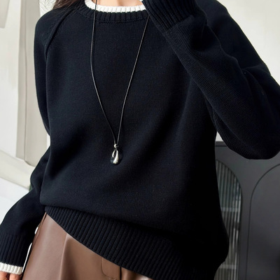 纯棉插肩袖圆领毛衣秋冬女