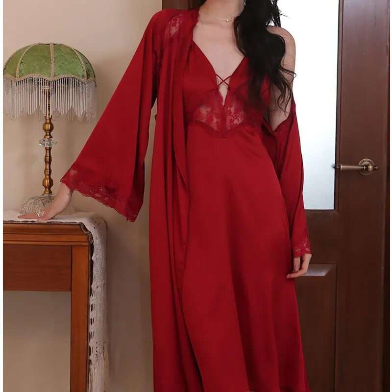 红色本命年睡衣 女丝滑绸缎性感深V漏背吊带睡裙两件套风情家居服