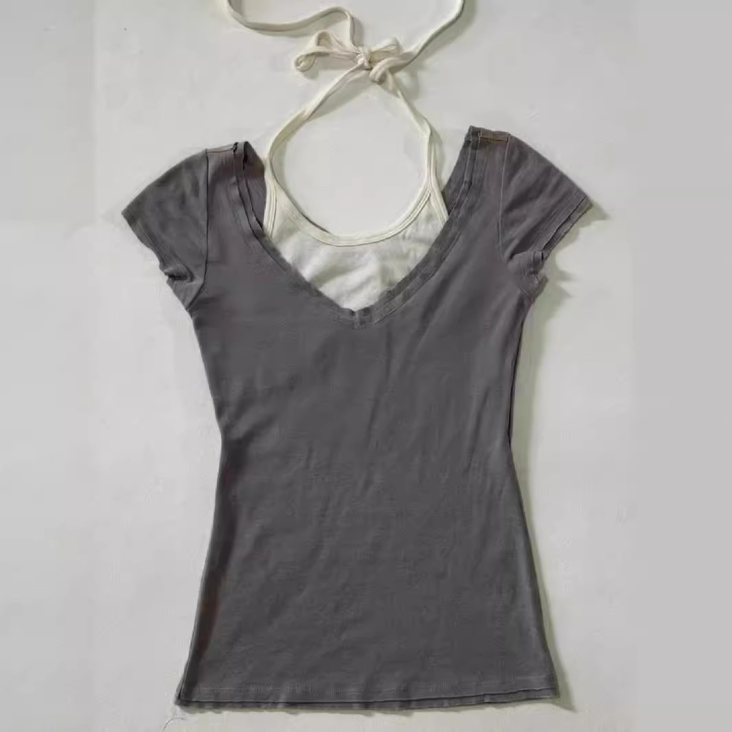 夏季亚文化甜美中古着vintage假两件美式甜辣短袖T恤女修身上衣潮