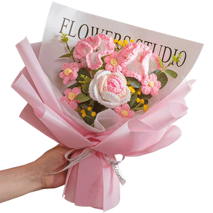 康乃馨针织花束玫瑰百合毛线编织永生花送妈妈女长辈生日祝福礼物