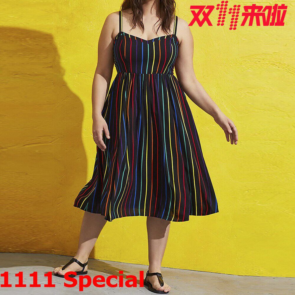 S-5XL Large Size Ladies Stripe Halter Dress大码条纹吊带女裙