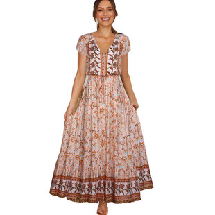 波西米亚V领纽扣棉绸碎花印花短袖大摆连衣裙沙滩度假长裙女DRESS