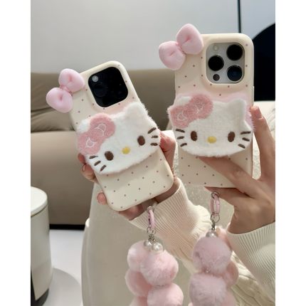 秋冬毛绒HelloKitty蝴蝶结适用苹果iphone16promax手机壳15promax趣味少女心14pro简约个性13小众mate60手链