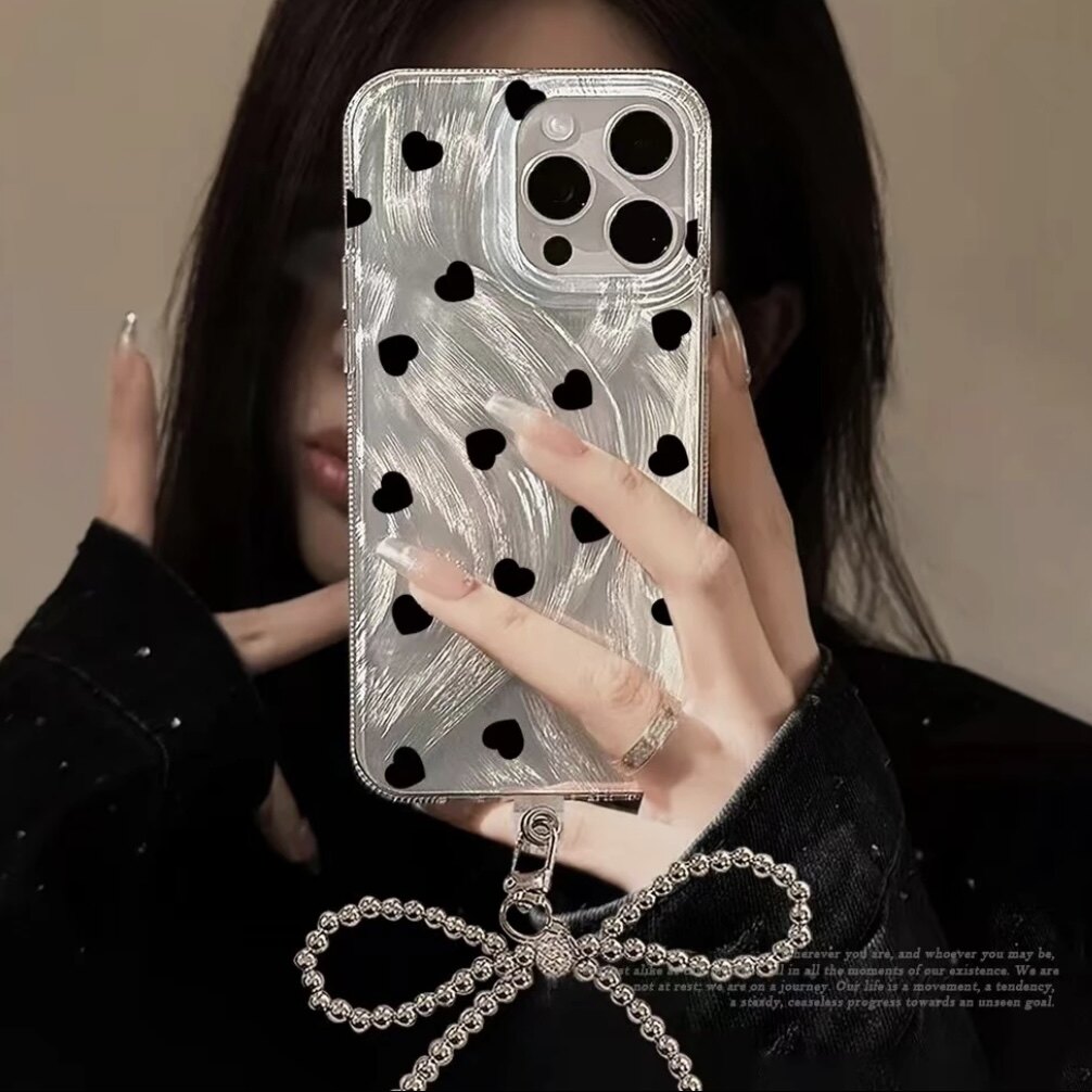 黑波点爱心蝴蝶结适用苹果16promax手机壳iPhone15华为mate70荣耀vivos20创意oppo小米14红米k80新款11羽纱壳