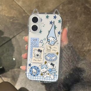 独角兽蓝Kitty适用iPhone15promax手机壳苹果17pro新款16promax可爱卡通13透明12保护套11防摔14plus猫耳朵壳