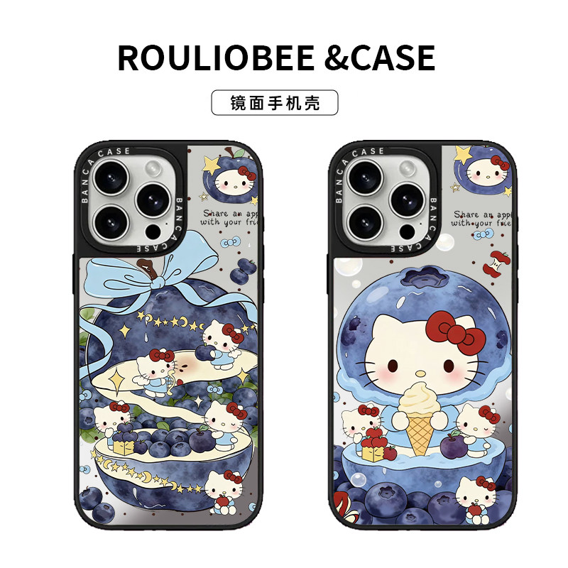 蓝莓天使猫咪适用iPhone15promax手机壳苹果14pro新款16promax创意13网红12保护套11潮牌镜面15plus防摔17pro