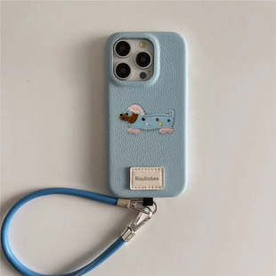 ins网红刺绣腊肠狗适用iPhone16promax苹果16手机壳13挂绳plus皮质14女款 15promax高级感12保护套mate60潮p70