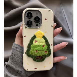 ins可爱刺绣圣诞树适用苹果16promax手机壳16新款 iphone15promax创意13皮纹金属框14PRO防摔12小众11全包女款
