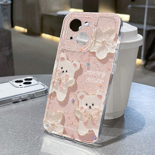 油画小熊适用苹果15手机壳iPhone16promax新款 17华为mate60荣耀200防摔13小米14透明vivox200全包oppo软壳k70