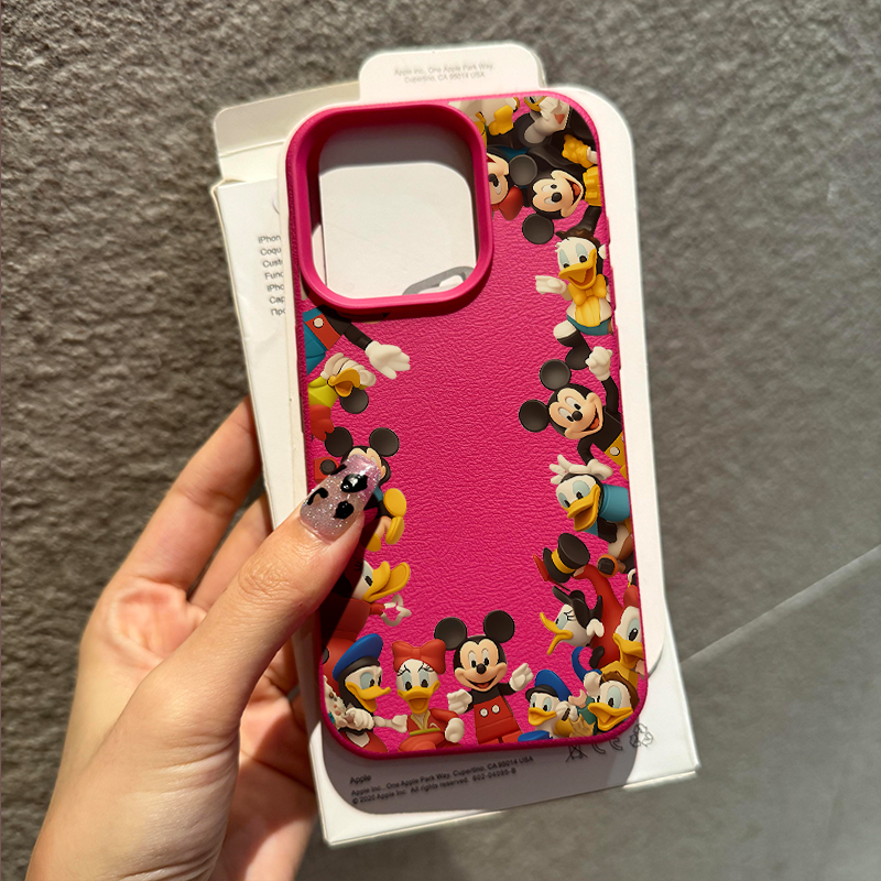 ins可爱卡通米奇米妮适用苹果16promax手机壳iPhone14女新款13皮质12时尚11小众荔枝纹15Pro防摔14pro保护套