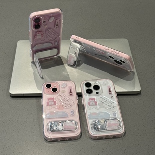 diy小熊贴纸适用苹果16手机壳iPhone15promax新款 12华为p70荣耀300可爱vivos20卡通oppo小米14红米13撞色软壳