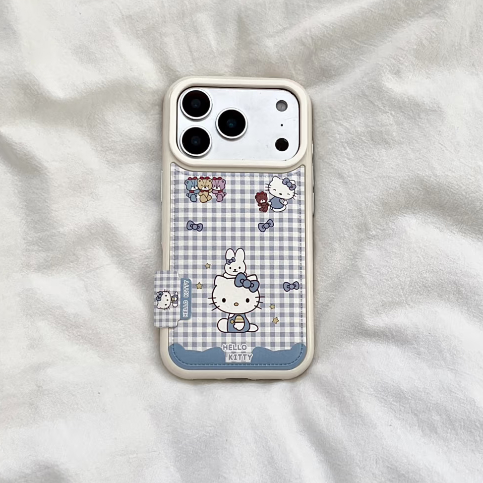 蓝格纹Kitty猫适用苹果16promax手机壳iPhone15卡通14promax可爱13日韩12创意16女款17promax大孔皮纹气囊11