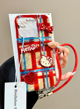 新年红凯蒂格纹适用苹果16手机壳iPhone15promax新款华为mate60荣耀vivos19皮绳opporeno12小米14红米note13