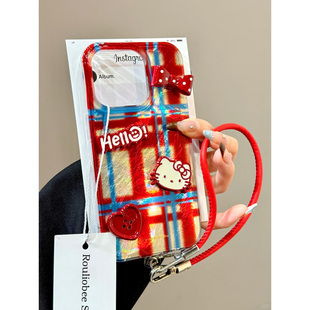 新年红凯蒂格纹适用苹果16手机壳iPhone15promax新款华为mate60荣耀vivos19皮绳opporeno12小米14红米note13