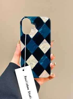 蓝色菱格适用苹果16手机壳iPhone15promax晕染14新款12华为mate60荣耀200小众vivox100小米13防摔oppo创意k70