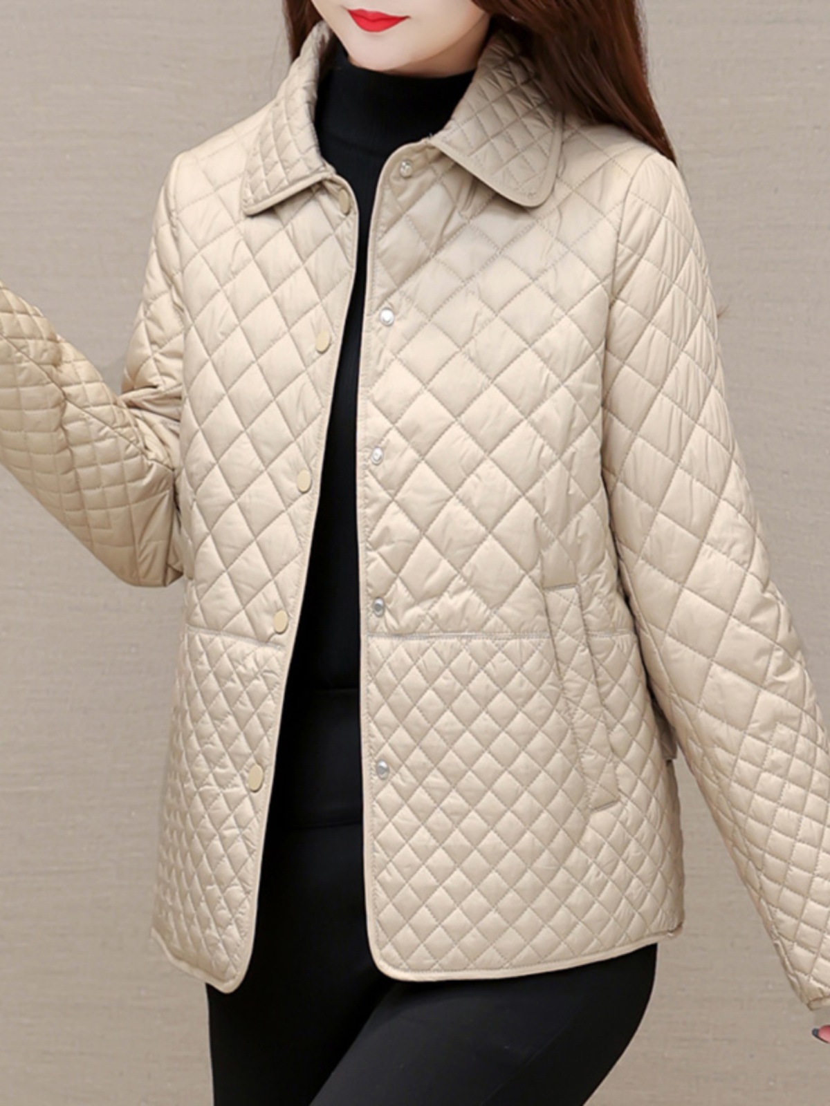 韩国气质轻薄高端棉服女2025春秋新款时尚修身翻领菱形格棉衣外套