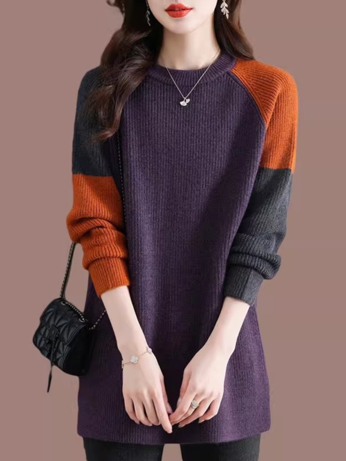 韩国大码时尚拼色连衣裙女2025春秋新款百搭中长宽松内搭打底裙衫