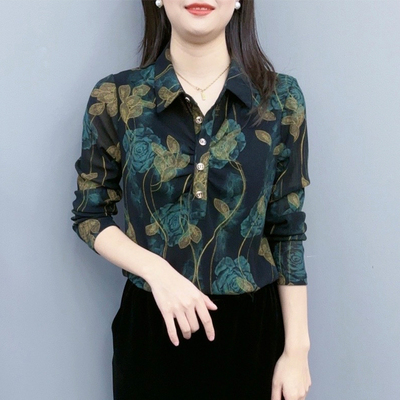 韩国大码洋气翻领长袖t恤女2025春秋新款时尚休闲显瘦修身上衣潮-