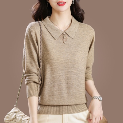 韩国高级感polo领长袖t恤女2025春秋新款翻领宽松显瘦针织打底衫