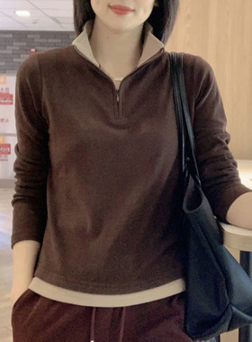韩国休闲 立领德绒卫衣女内搭2025春秋新款时尚百搭保暖长袖上衣-